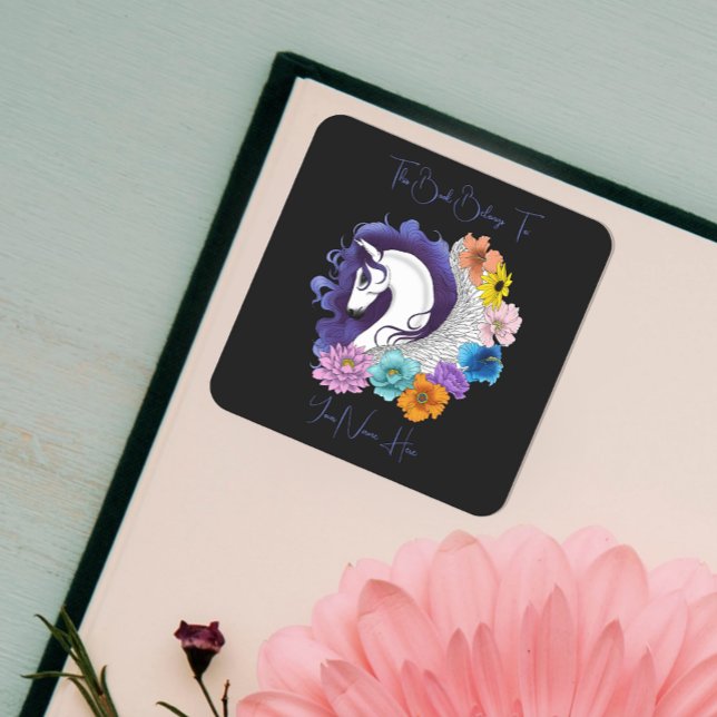 Pegatina Cuadrada Ex libris de flores Pegasus negro (Subido por el creador)