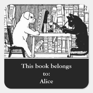 Pegatina Cuadrada Ex libris de gato y perro en la biblioteca