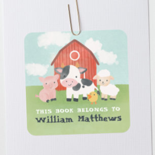 Pegatina Cuadrada Ex libris de granja adorable para niños