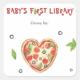 Pegatina Cuadrada Ex libris de la fiesta de bebé de pizza - Primera 