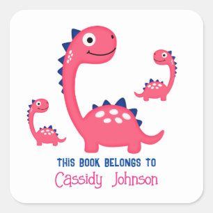 Pegatina Cuadrada Ex libris de la niña de la familia de dinosaurios 