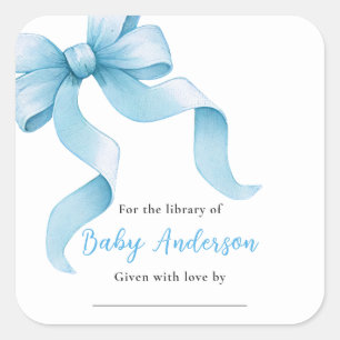 Pegatina Cuadrada Ex libris de lazo azul coqueta para baby shower