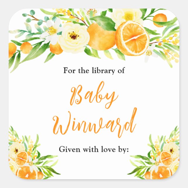 Pegatina Cuadrada Ex libris de Naranja Citrus para Baby Shower (Anverso)