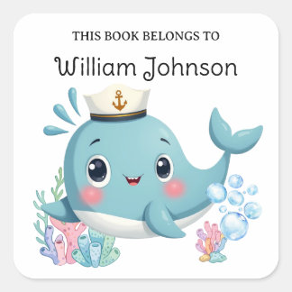 Pegatina Cuadrada Ex libris de niños ballena azul linda