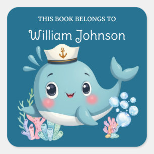 Pegatina Cuadrada Ex libris de niños ballena azul linda