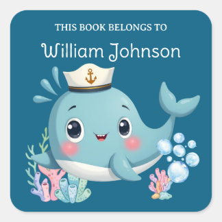 Pegatina Cuadrada Ex libris de niños ballena azul linda