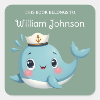 Pegatina Cuadrada Ex libris de niños ballena azul linda