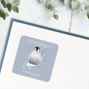 Pegatina Cuadrada Ex libris de pingüino art nouveau caprichosos copo