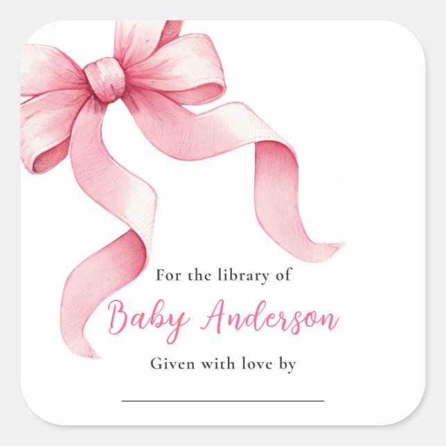 Pegatina Cuadrada Ex libris de Pink Coquette Bow Baby Shower (Anverso)