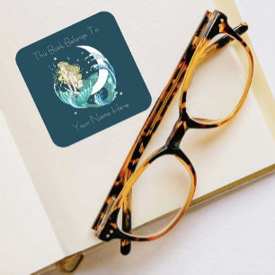 Pegatina Cuadrada Ex libris de sirena rubia luna fantasía Art Deco