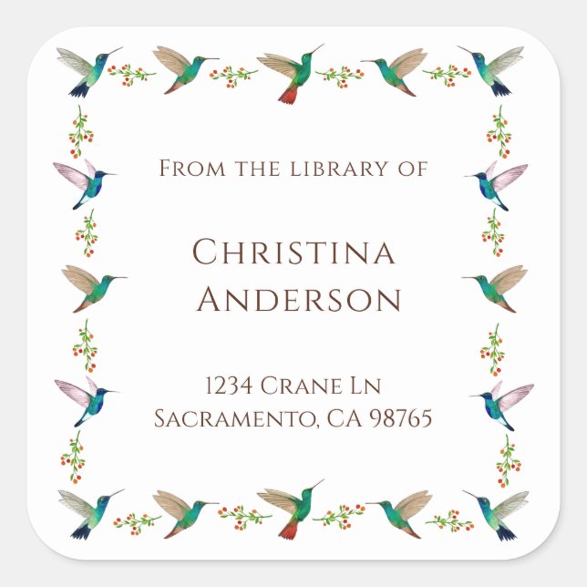 Pegatina Cuadrada Ex libris del colibrí (Anverso)