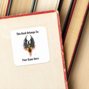 Pegatina Cuadrada Ex libris Fénix Ascendente Pájaro de Fuego Tribal 