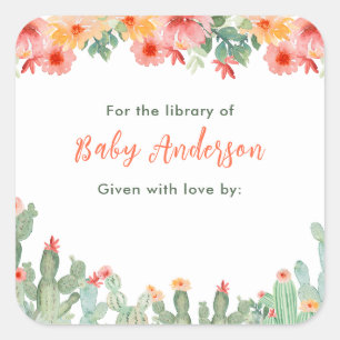Pegatina Cuadrada Ex libris floral cactus bebé boho