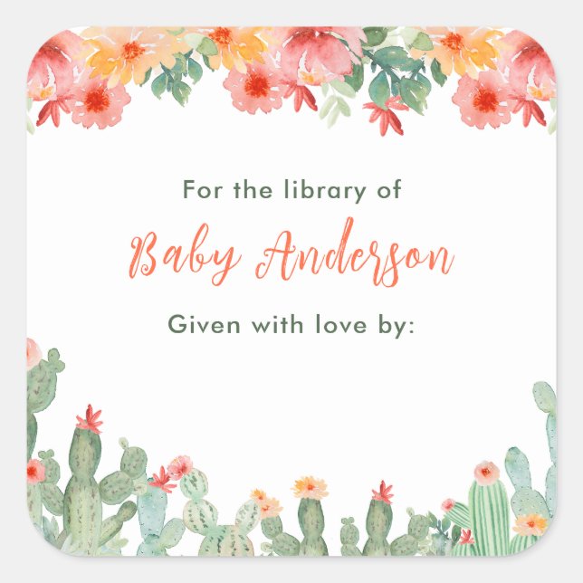 Pegatina Cuadrada Ex libris floral cactus bebé boho (Anverso)