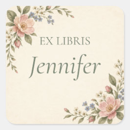 Pegatina Cuadrada Ex Libris Floral Personalizado de Libro