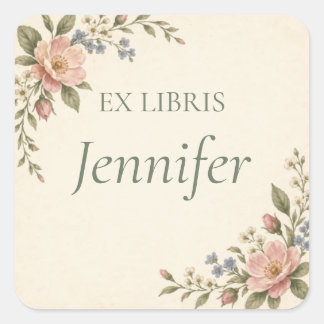 Pegatina Cuadrada Ex Libris Floral Personalizado de Libro