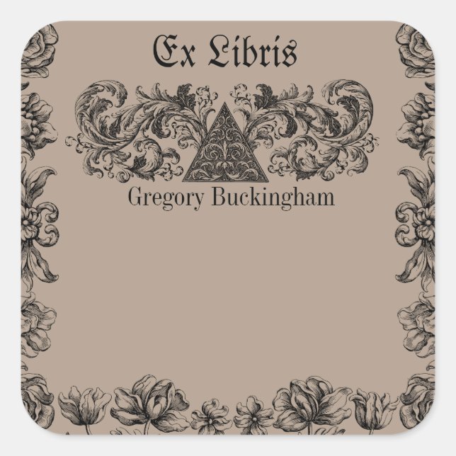 Pegatina Cuadrada Ex Libris Flouris Line Art Bookplate (Anverso)