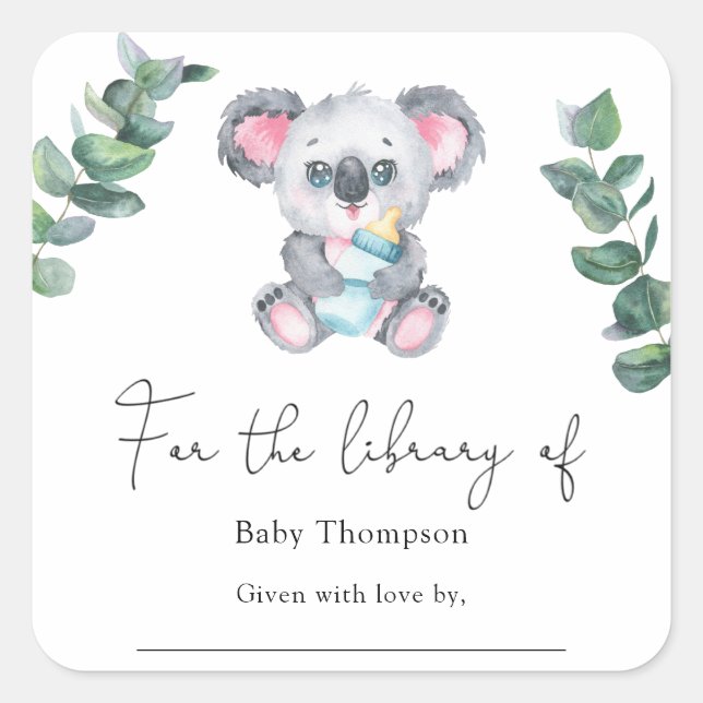 Pegatina Cuadrada Ex libris - Koala - Baby Shower (Anverso)