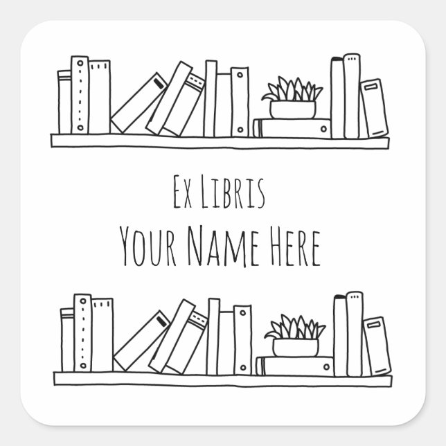 Pegatina Cuadrada Ex Libris Libro Blanco y negro (Anverso)