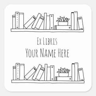 Pegatina Cuadrada Ex Libris Libro Blanco y negro