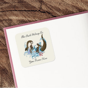 Pegatina Cuadrada Ex libris Nutria de Río Caprichosa Azul Juguetona