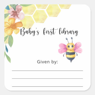 Pegatina Cuadrada Ex libris para baby shower de abeja, libros para b