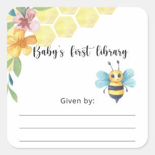 Pegatina Cuadrada Ex libris para baby shower de abeja, libros para b