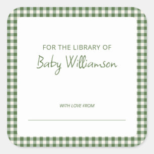 Pegatina Cuadrada Ex libris para baby shower de cuadros escoceses ve