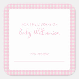 Pegatina Cuadrada Ex libris para baby shower de cuadros rosa