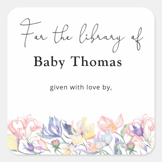 Pegatina Cuadrada Ex libris para baby shower de flores silvestres, l (Anverso)