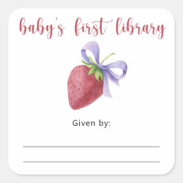 Pegatina Cuadrada Ex libris para baby shower de fresa, libros para b