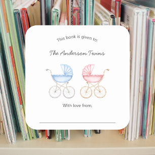 Pegatina Cuadrada Ex libris para Baby Shower de gemelos niño y niña