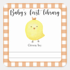 Pegatina Cuadrada Ex libris para baby shower de pollito - primera bi