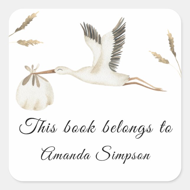Pegatina Cuadrada Ex libris para baby shower, libros para bebé (Anverso)
