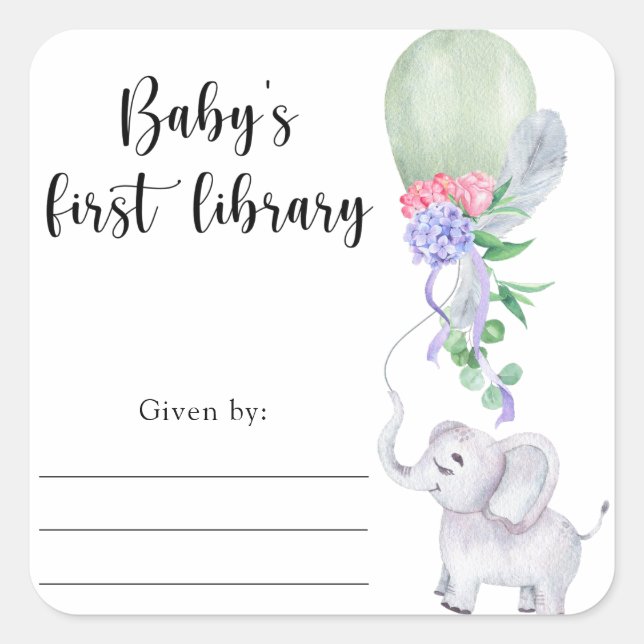 Pegatina Cuadrada Ex libris para la fiesta del elefante bebé, libros (Anverso)