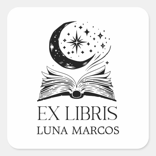 Pegatina Cuadrada Ex-Libris personalizado con un libro y estrellas (Anverso)