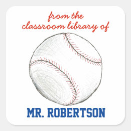 Pegatina Cuadrada Ex libris personalizado de béisbol para maestro