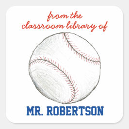 Pegatina Cuadrada Ex libris personalizado de béisbol para maestro