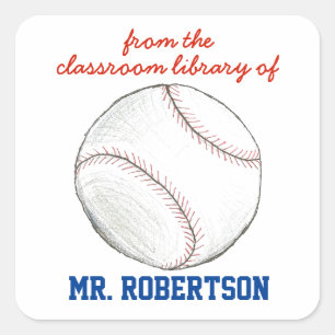 Pegatina Cuadrada Ex libris personalizado de béisbol para maestro