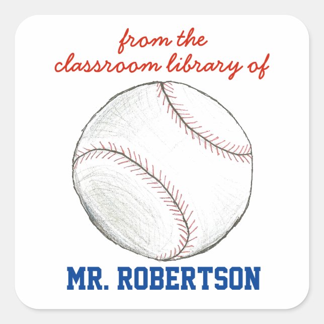 Pegatina Cuadrada Ex libris personalizado de béisbol para maestro (Anverso)