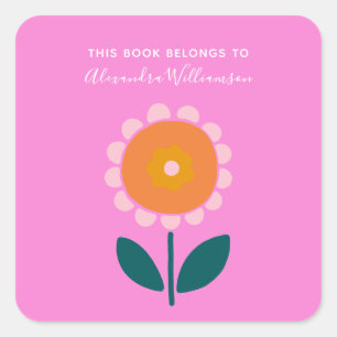 Pegatina Cuadrada Ex libris personalizado de flor escandinava rosa