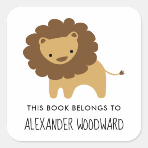 Pegatina Cuadrada Ex libris personalizado de león lindo para niños