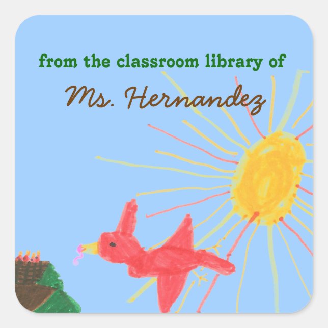 Pegatina Cuadrada Ex libris personalizado para maestro con escena so (Anverso)
