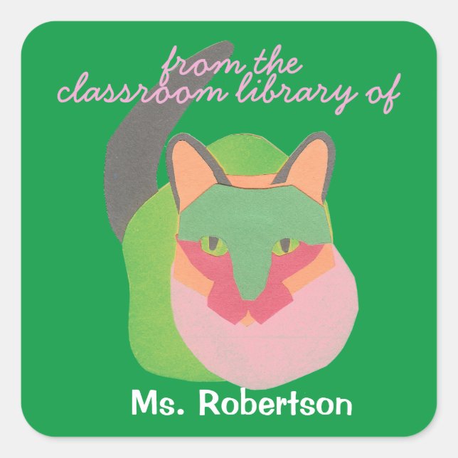 Pegatina Cuadrada Ex libris personalizado para profesores con gatos (Anverso)