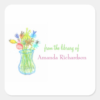 Pegatina Cuadrada Ex libris personalizados con motivos florales