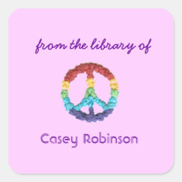 Pegatina Cuadrada Ex libris personalizados con signo de paz - rosa