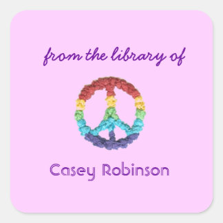 Pegatina Cuadrada Ex libris personalizados con signo de paz - rosa