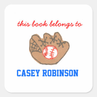 Pegatina Cuadrada Ex libris personalizados de béisbol para niños