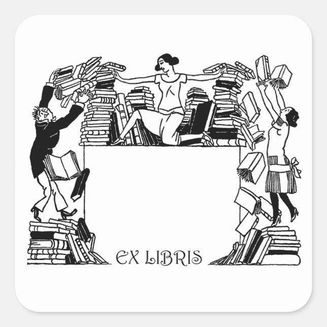 Pegatina Cuadrada Ex Libris Stacking Books Bookplate Sticker (Anverso)