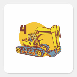Pegatina Cuadrada Excavadora Amarilla - Regalo de 4to Cumpleaños